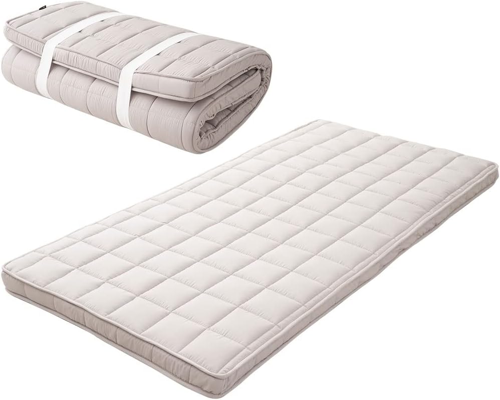 EMOOR Japanese Padded Floor Mattress Futon Mattress MACHI Single Gray, Gusset Foldable Storable Elastic Bands Floor Sleeping Guest Bed Tatami Mat