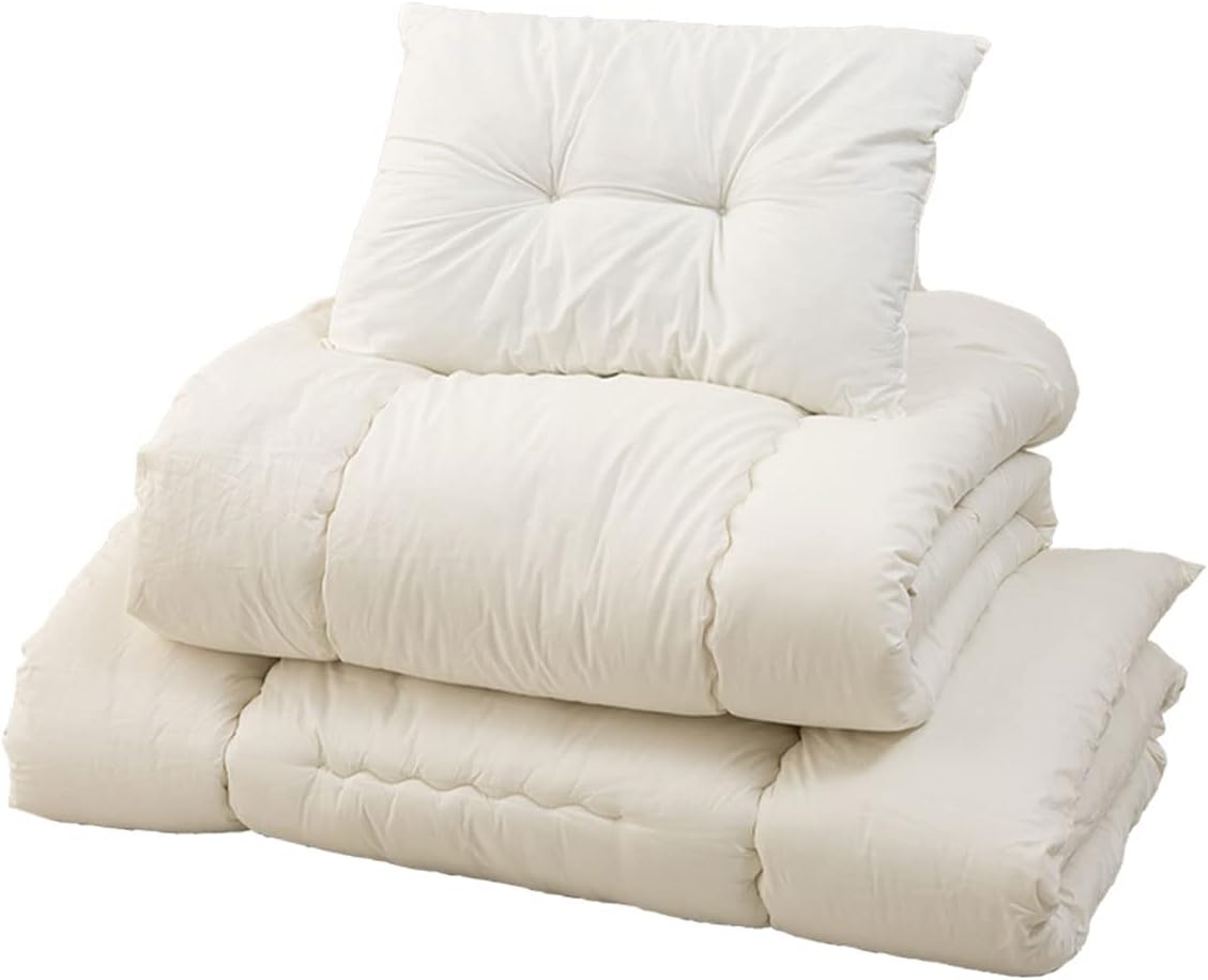EMOOR Space-Saving Japanese Futon Set (Futon Mattress, Comforter & Pillow) Compact-Single Made in Japan White Foldable Floor Sleeping Mattress Shikibuton Tatami Mat Camp Guest-Use