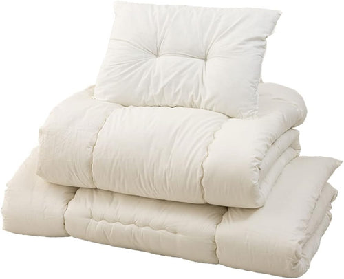 EMOOR Space-Saving Japanese Futon Set (Futon Mattress, Comforter & Pillow) Compact-Single Made in Japan White Foldable Floor Sleeping Mattress Shikibuton Tatami Mat Camp Guest-Use