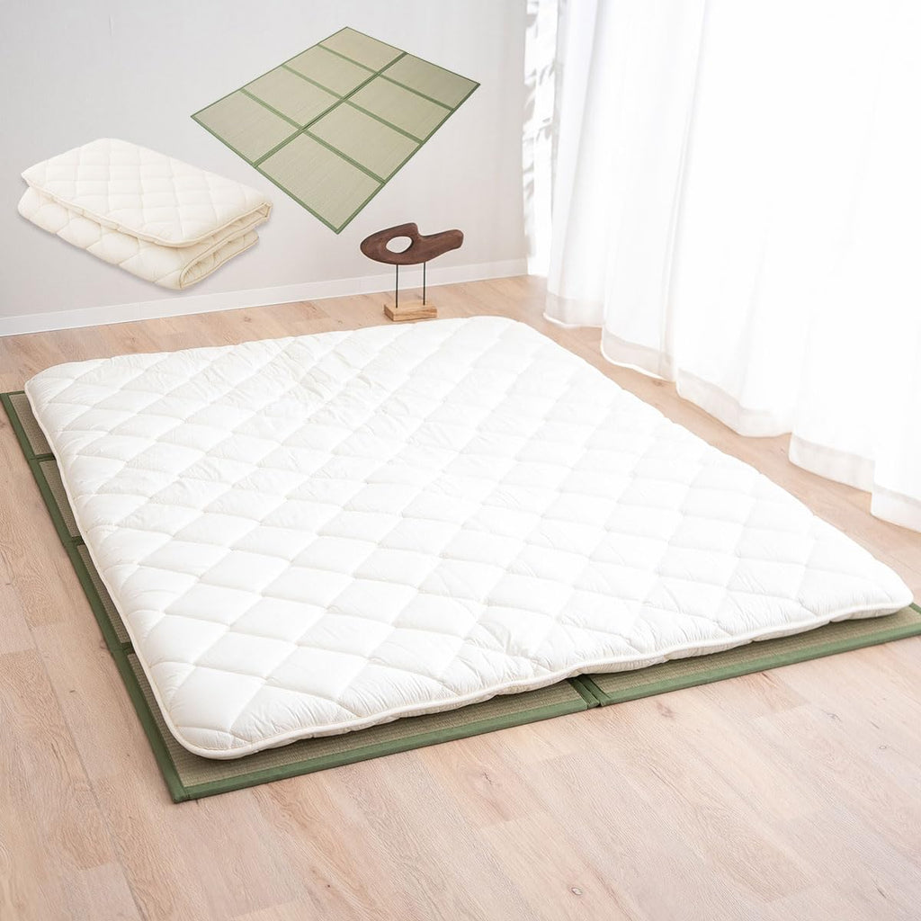 EMOOR Japanese Floor Mattress Futon Mattress CLASSE and Foldable Tatami Mat Set Single White & Natural, Foldable Floor Sleeping Bed Mat Sikibuton Igusa Natural