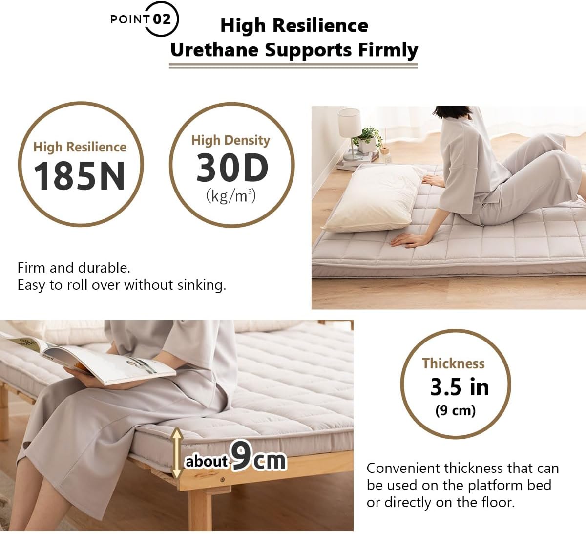 EMOOR Japanese Padded Floor Mattress Futon Mattress MACHI Single Gray, Gusset Foldable Storable Elastic Bands Floor Sleeping Guest Bed Tatami Mat