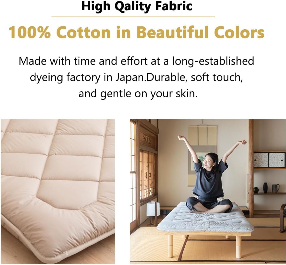 EMOOR Japanese Floor Mattress Futon Mattress Anti-Sag Single Made in Japan 100% Cotton Chip Foam Gray, Shikibuton Foldable Sleeping Bed Tatami Mat