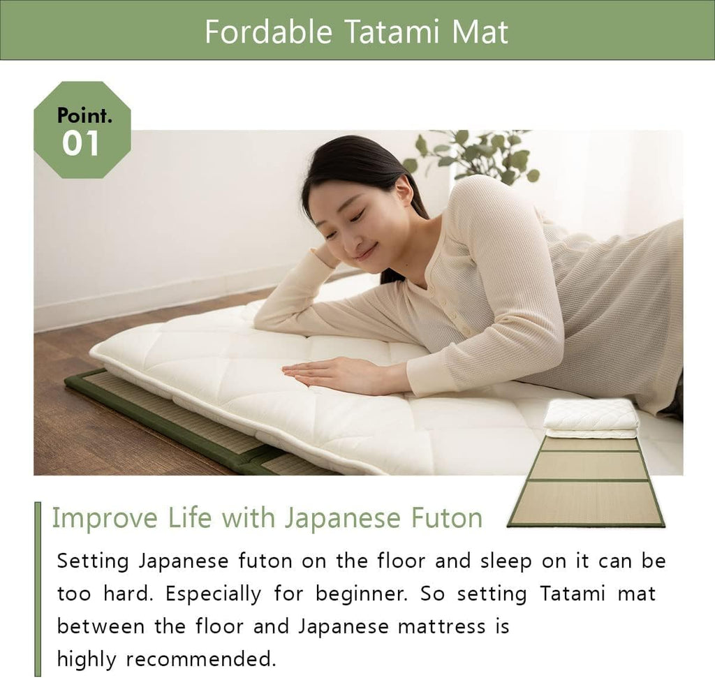 EMOOR Japanese Floor Mattress Futon Mattress CLASSE and Foldable Tatami Mat Set Single White & Natural, Foldable Floor Sleeping Bed Mat Sikibuton Igusa Natural