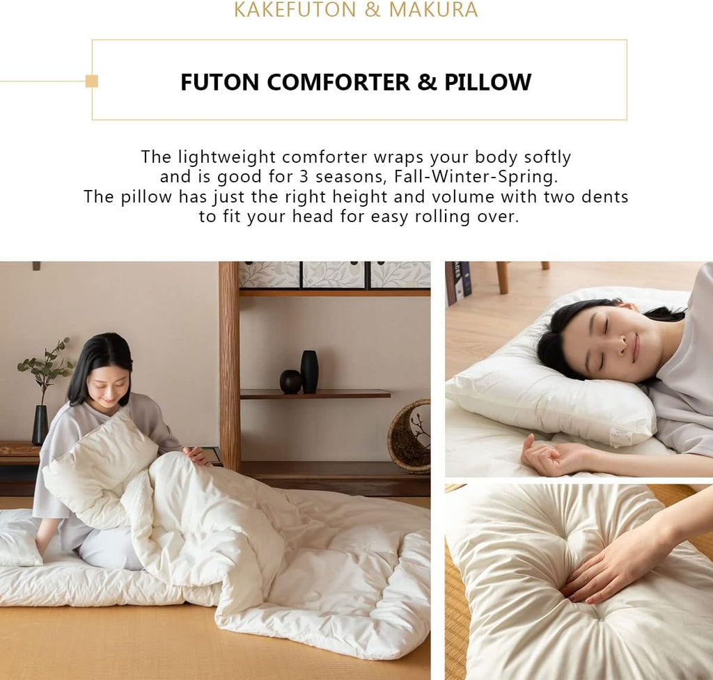 EMOOR Space-Saving Japanese Futon Set (Futon Mattress, Comforter & Pillow) Compact-Single Made in Japan White Foldable Floor Sleeping Mattress Shikibuton Tatami Mat Camp Guest-Use