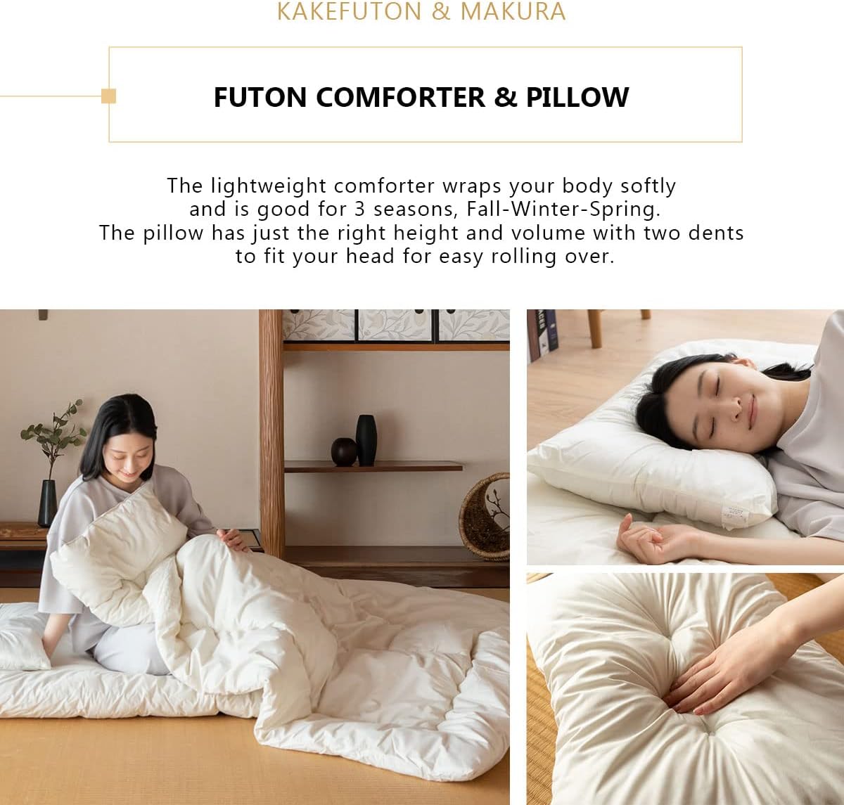 EMOOR Space-Saving Japanese Futon Set (Futon Mattress, Comforter & Pillow) Compact-Single Made in Japan White Foldable Floor Sleeping Mattress Shikibuton Tatami Mat Camp Guest-Use