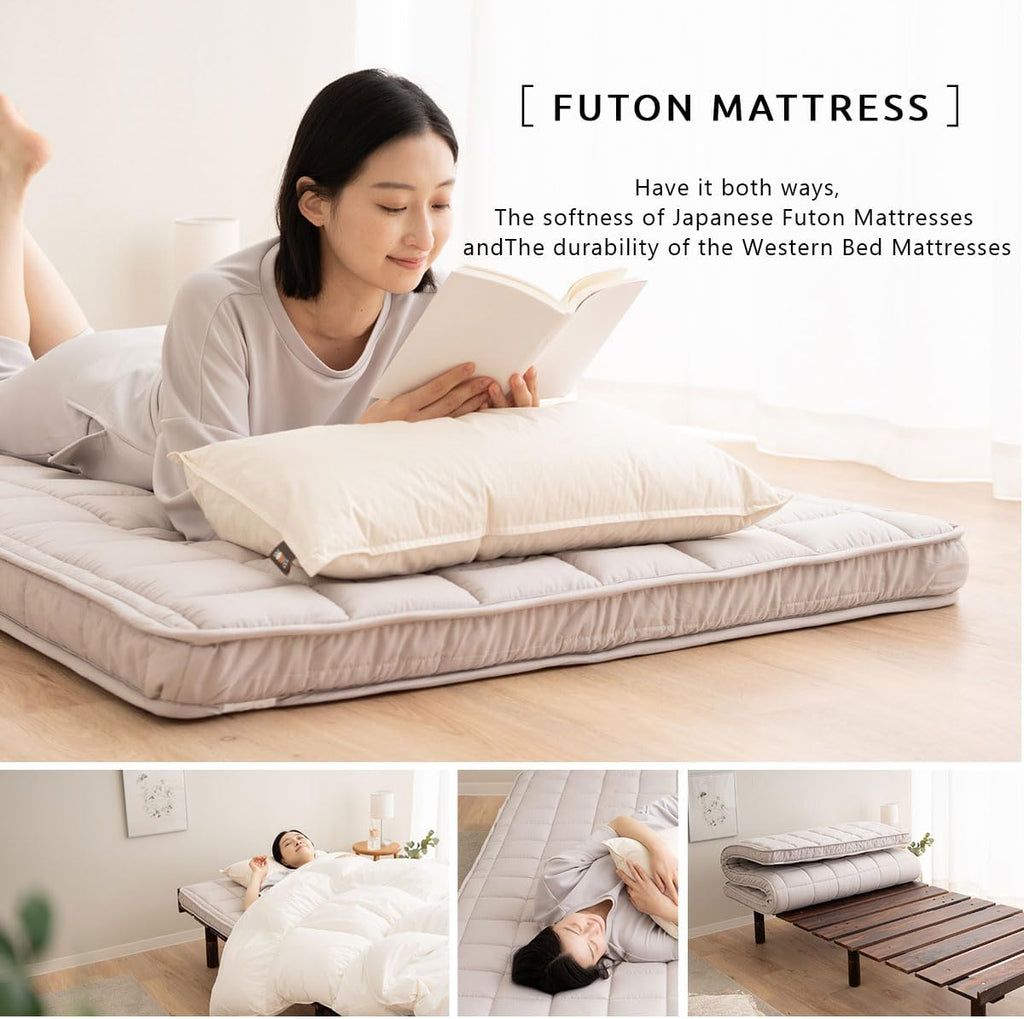 EMOOR Japanese Padded Floor Mattress Futon Mattress MACHI Single Gray, Gusset Foldable Storable Elastic Bands Floor Sleeping Guest Bed Tatami Mat