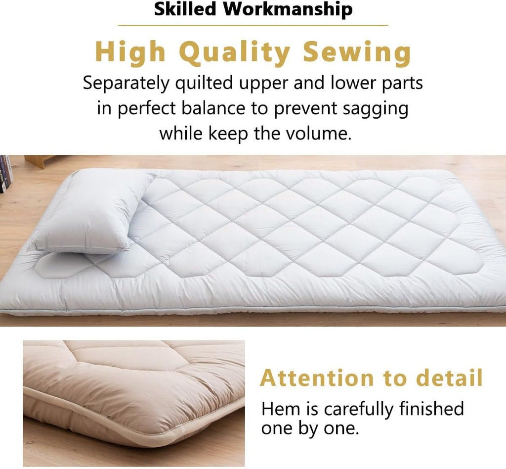 EMOOR Japanese Floor Mattress Futon Mattress Anti-Sag Single Made in Japan 100% Cotton Chip Foam Gray, Shikibuton Foldable Sleeping Bed Tatami Mat