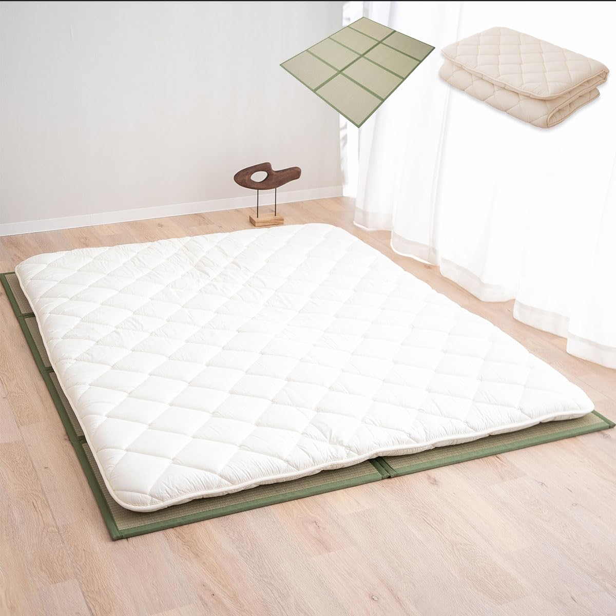 EMOOR Japanese Floor Mattress Futon Mattress CLASSE and Foldable Tatami Mat Set Single White & Natural, Foldable Floor Sleeping Bed Mat Sikibuton Igusa Natural