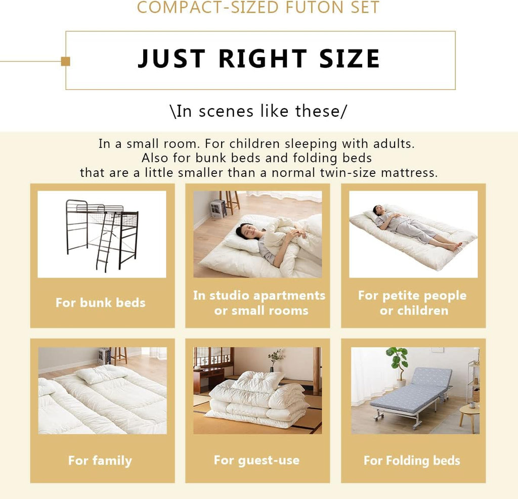 EMOOR Space-Saving Japanese Futon Set (Futon Mattress, Comforter & Pillow) Compact-Single Made in Japan White Foldable Floor Sleeping Mattress Shikibuton Tatami Mat Camp Guest-Use