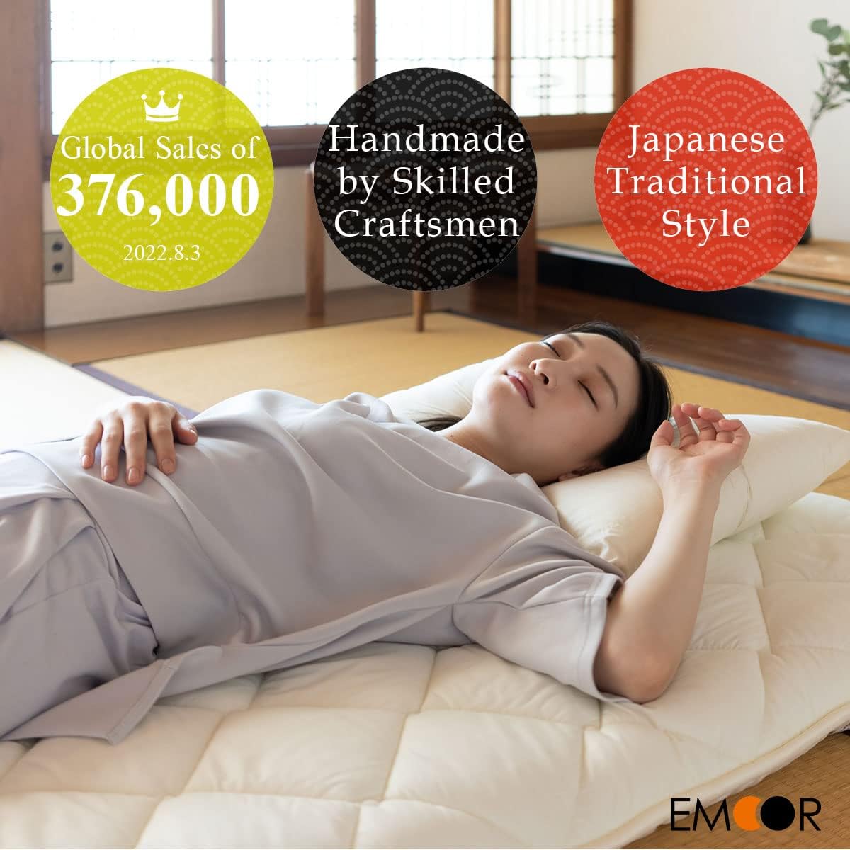 EMOOR Japanese Floor Mattress Futon Mattress CLASSE & Fitted Sheet PRESSO Single Made in Japan Cotton (Gray), Foldable Floor Sleeping Bed Tatami Mat