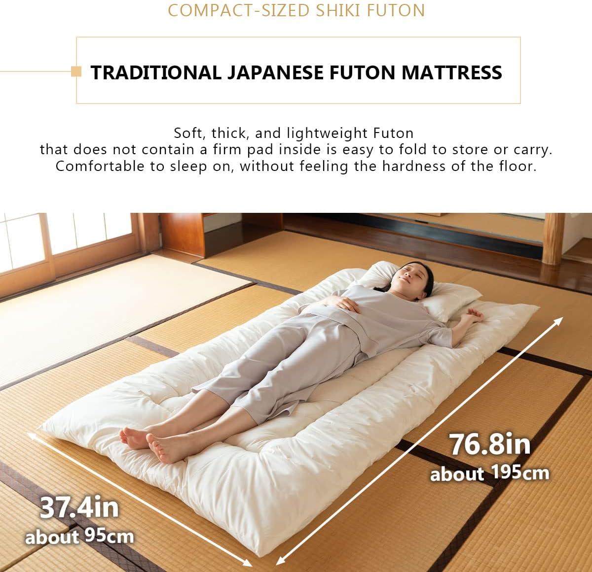 EMOOR Space-Saving Japanese Futon Set (Futon Mattress, Comforter & Pillow) Compact-Single Made in Japan White Foldable Floor Sleeping Mattress Shikibuton Tatami Mat Camp Guest-Use