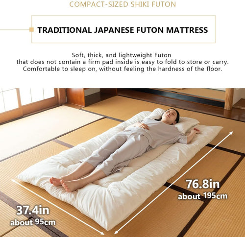 EMOOR Space-Saving Japanese Futon Set (Futon Mattress, Comforter & Pillow) Compact-Single Made in Japan White Foldable Floor Sleeping Mattress Shikibuton Tatami Mat Camp Guest-Use