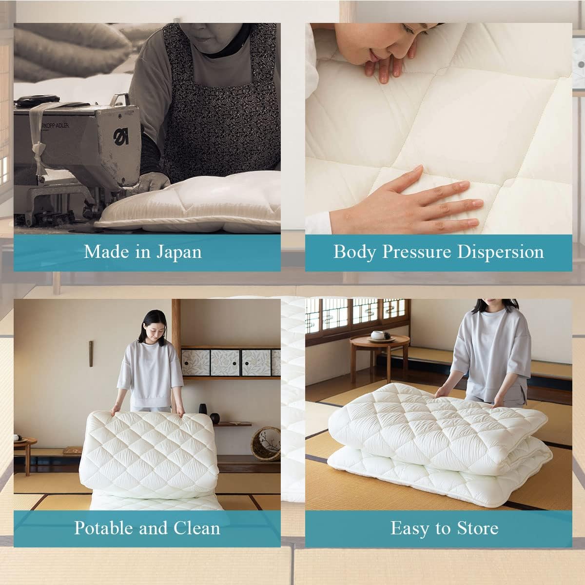 EMOOR Japanese Floor Mattress Futon Mattress CLASSE & Fitted Sheet PRESSO Single Made in Japan Cotton (Gray), Foldable Floor Sleeping Bed Tatami Mat