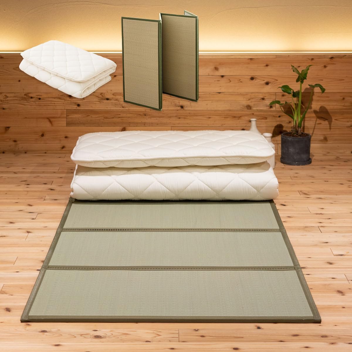EMOOR Japanese Floor Mattress Futon Mattress CLASSE and Foldable Tatami Mat Set Single White & Natural, Foldable Floor Sleeping Bed Mat Sikibuton Igusa Natural